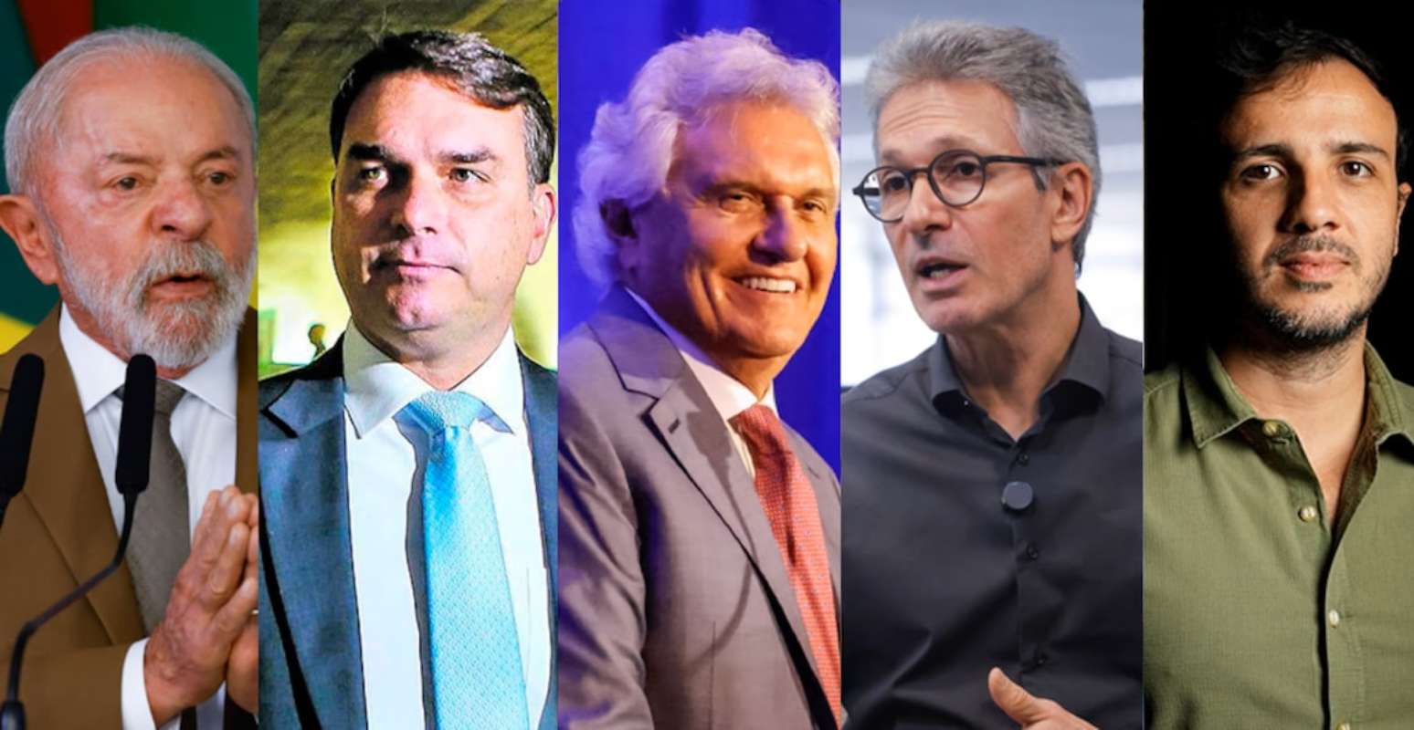 Lula (PT), Fl&aacute;vio Bolsonaro (PL), Ronaldo Caiado (PSD), Romeu Zema (Novo) e Renan Santos (Miss&atilde;o), pr&eacute;-candidatos &agrave; Presid&ecirc;ncia da Rep&uacute;blica
