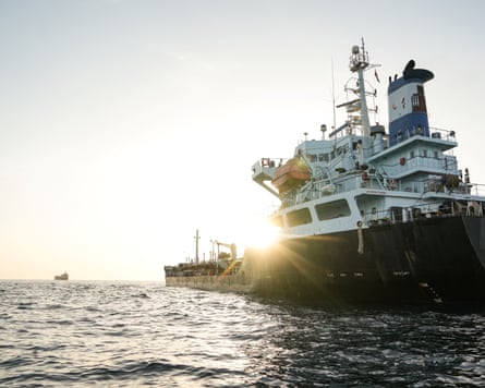 A commercial vessel anchored off Yemen’s coast at Bab al-Mandab, the straits connecting the Red Sea with the Gulf of Aden and the Indian Ocean.