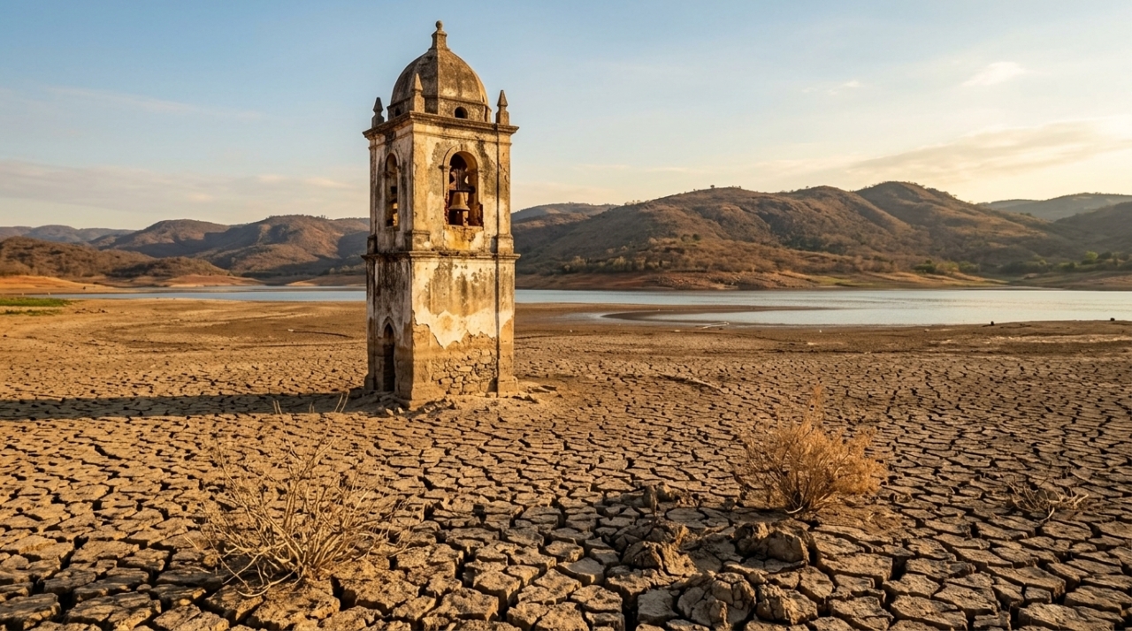 Quando a seca baixa o nível da represa, reaparece a torre da igreja de uma cidade inteira que foi inundada para gerar energia, e ex-moradores voltam para achar a rua onde moravam pelo topo das árvores