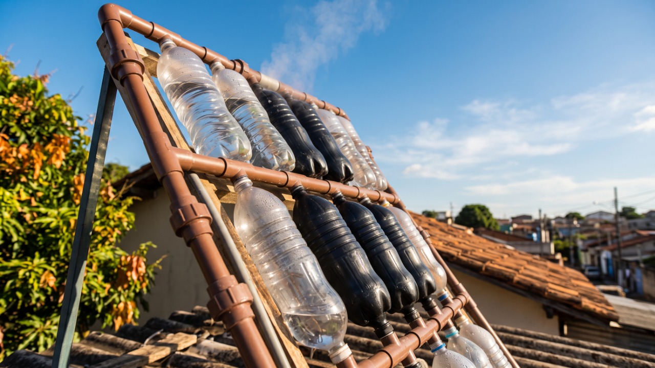 A invenção com garrafas PET e tubos de PVC que transforma o sol em água quente para o banho sem usar resistência elétrica